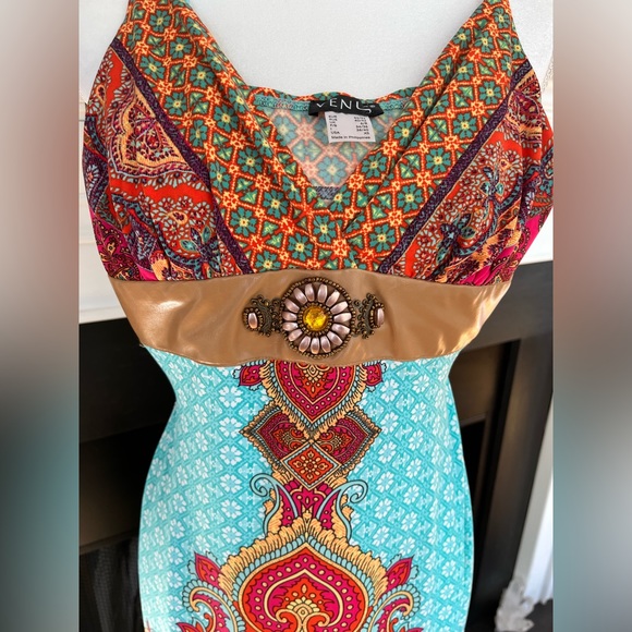 🌻Venus Boho Turquoise Paisley Maxi Dress with Faux Leather Accent at Waist - Picture 4 of 6